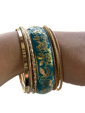 Vintage Enamel Gold & Teal Floral Bronze Bangle Stack